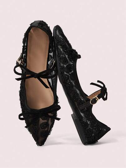 CUCCOO DOLLMOD Zapatos planos de estilo Mary Jane elegantes y lindos para damas con flores bordadas de malla negra y doble lazo