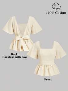 SHEIN MOD 女士杏色露背蝴蝶结荷叶边下摆衬衫 - 杏色 - 查看 3