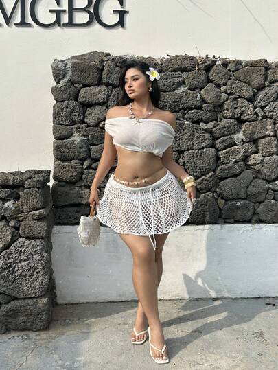 Sunnyshic Plus Size Women Drawstring Waist Solid Color Hollow Out Casual Vacation Daily Knitted Mini Skirt