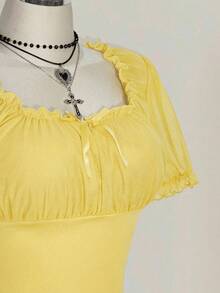 SHEIN ICON Plus Size Square Neck Ruffle Mesh Puff Sleeve T-Shirt, Sweet Summer Vacation T-Shirt - Pale Yellow - View 3