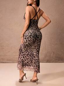 ROMWE PETITE Leopard Print Plunging Neck Sexy Bodycon Mesh Dress For Women - Maroon - View 2