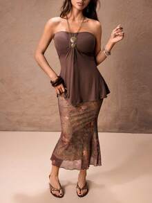 ROMWE PETITE 女士朋克风花卉佩斯利印花荷叶边鱼尾裙 - 彩色 - 查看 5