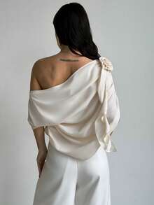 Firerie 女士优雅度假风宽松不对称领口花卉装饰衬衫，纯色 - 杏色 - 查看 5