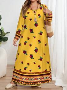 EMERY ROSE 女士休闲简约长袖修身连衣裙，复古花卉印花 - 彩色 - 查看 1