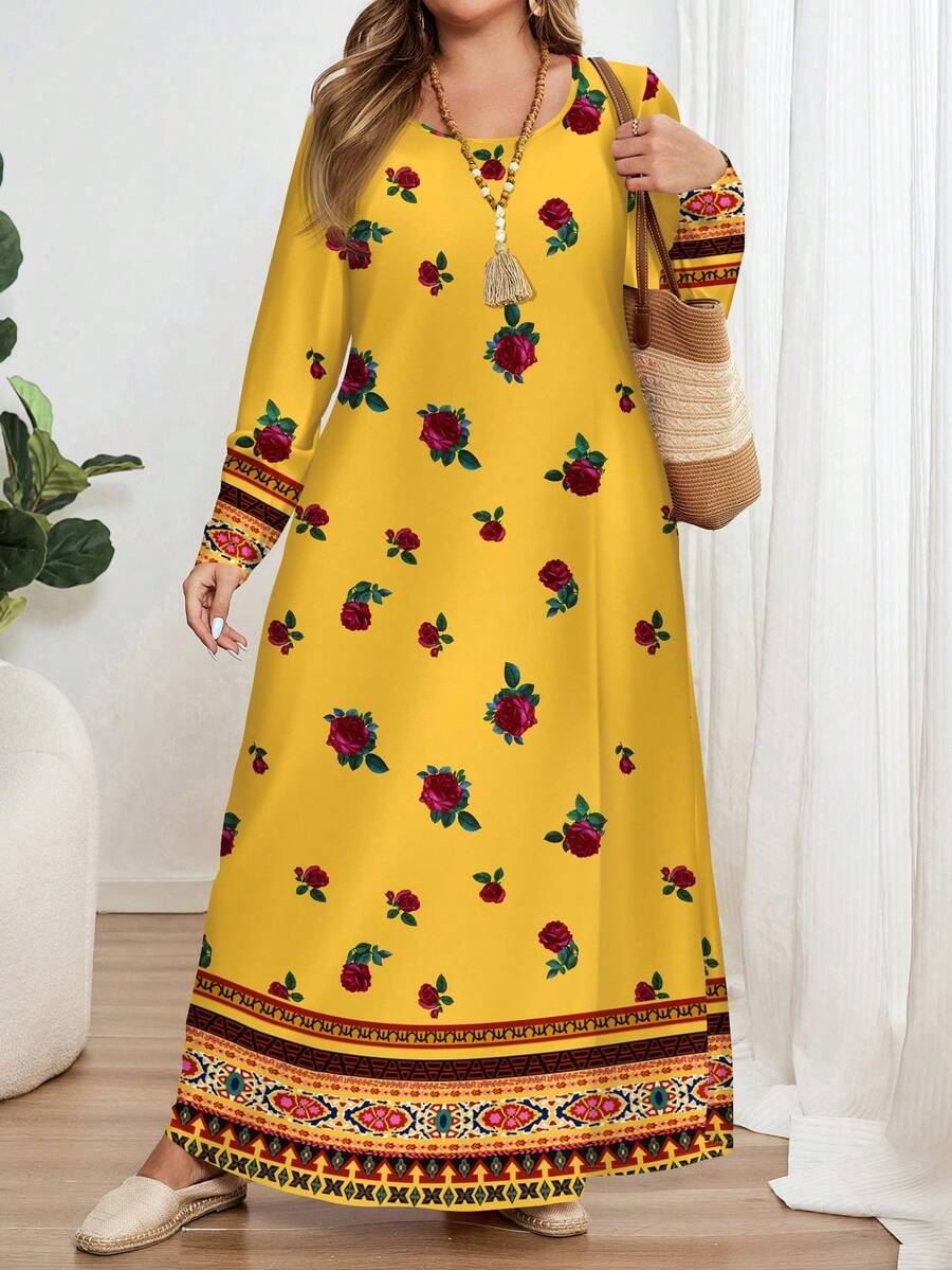 EMERY ROSE 女士休闲简约长袖修身连衣裙，复古花卉印花 - 彩色 - 查看 1