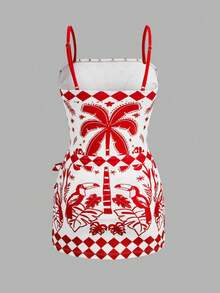 Swim Oasis 女士蓝白热带棕榈树印花连体泳衣，优雅休闲沙滩度假罩衫 - 紅色 - 查看 2