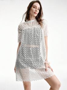 Aveloria Modichic Women's Elegant White Lace Crochet Short Dress,Summer Tea Party Mock Neck Straight H-Line Cut Short Sleeve Scalloped Hem Retro Sweet Outfits - White - View 5