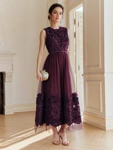 Anewsta Spring/Summer New Vacation Party Round Neck Embroidered Mesh Rope Belt Waist Flared Hem Elegant Dress For Women - Purple - View 6