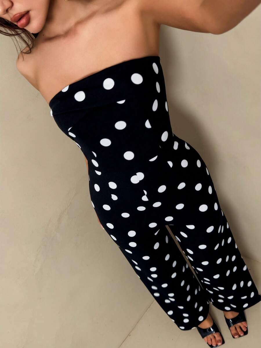 SHEIN Glamour Women's Jumpsuit, Knitted Black & White Polka Dot Strapless Jumpsuit - Black and White - View 1