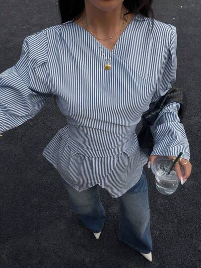 Siren Gaze Women's Striped Waist Cinching Long Sleeve Shirt, Autumn/Winter New Arrival