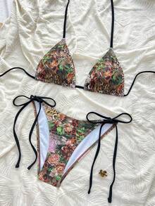 Swim Vcay Bộ bikini hai mảnh họa tiết da báo ngẫu nhiên dành cho nữ, kiểu dáng dây mảnh, buộc dây bên hông, thích hợp cho mùa Xuân/Hè 2026. - Nhiều màu - Xem 2