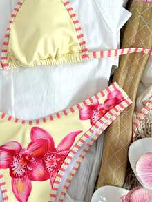 Swim Mod 2pcs/Set Teenage Girls Lily Flower Print Spaghetti Strap Triangle Bikini Top And V-Cut Bottoms - Multicolor - View 3