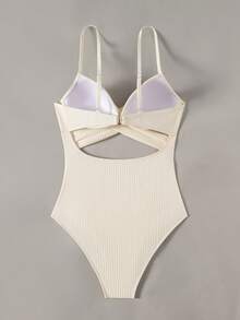 Swim Basics 白色可愛夏季度假海灘連身泳衣，奶油色紋理交叉鏤空細肩帶度假泳裝，修身顯身材極簡風 - 杏色 - 查看 2