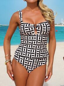 Swim Lushoire 2pcs Women's Summer Beach Fashion Vacation Random Line Print Ruched Resin Ring Top & Matching Random Print Triangle Tankini Swimsuit Set - Multicolor - View 7