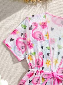 Baby Girls' Swimwear Set: Cute Pink Flamingo Lemon Flower Pattern, Knitted Fabric, Tank Top, Pants, And Jacket. Three-Piece Set, Stylish And Chic, Perfect For Swimming, Summer Vacations, Beach Outings, Pool Parties, And Leisure Trips Baby Swimsuit Girl 3 Piece Set Baby Girl Two Piece Swimming Clothes Toddler 2 Pc Swimsuit Swimwear For 2 Years Old Girl Flamingo Print Swimwear - Pink - View 4