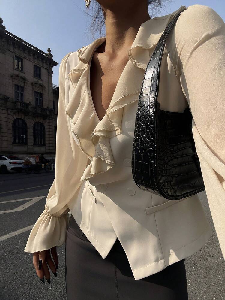 Women's Elegant Cinched Waist Long Sleeve Shirt, White, For Commuting In Summer