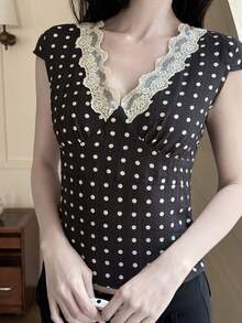 DAZY Women's Lace Patchwork Polka Dot Fitted T-Shirt, Summer - Black and White - View 4