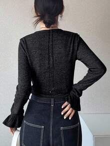 FRIFUL Women's Round Neck Fitted Casual Textured Ribbed Cuff Flare Sleeve Splice Half-Placket T-Shirt - Black - View 4