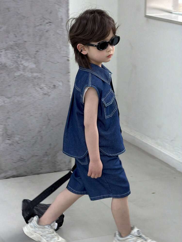 Young Boy Summer Casual Front Button Flap Pocket Denim Vest And Denim Shorts Set