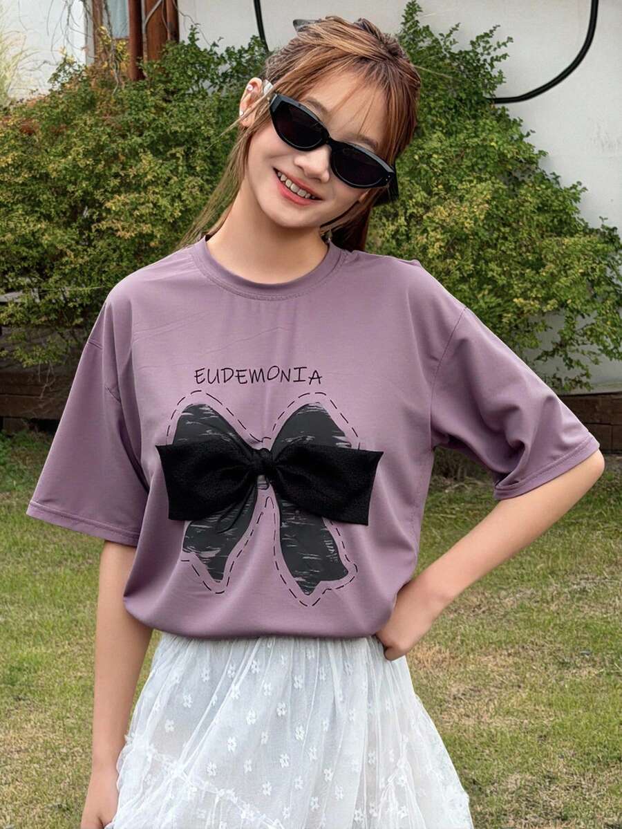 DAZY 少女圆领字母蝴蝶结印花休闲百搭日常短袖T恤 - 紫色 - 查看 1