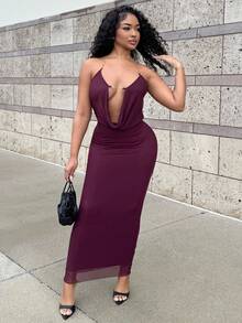 Alexandranx 网眼紫红色性感露背深垂领超长紧身连衣裙，适合派对、音乐节 - 中紫紅色 - 查看 5