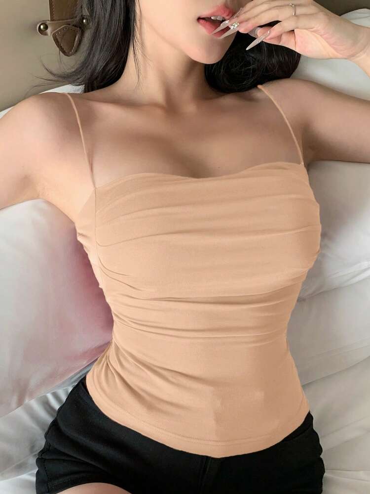 Built-In Padded Ruched Design Fitted Camisole Tank Top