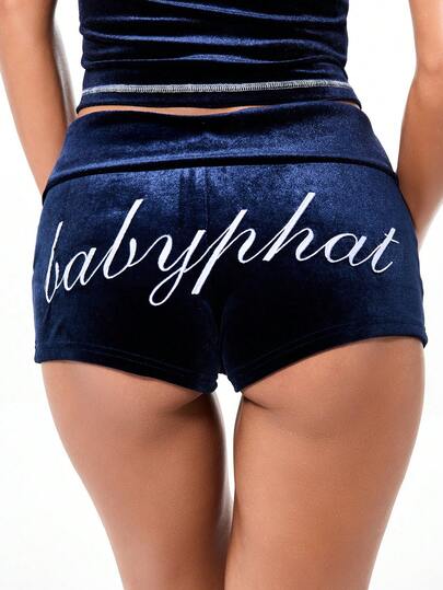 BABYPHAT 女士丝绒短裤，翻折腰带，藏蓝色，奢华面料，休闲家居短裤，草书字体