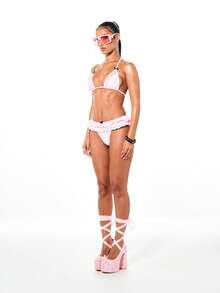 SUMWON WOMEN Women's Triangle Bikini Set With Ruffled Frilled Trim Summer Beach Swimming Two Piece Swimwear - Pink - View 5