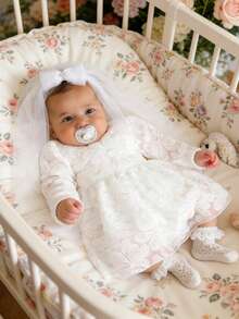 Newborn Photography Dress With Veil Headwear Lace Baptism Gown White Christening Outfit - White - View 7