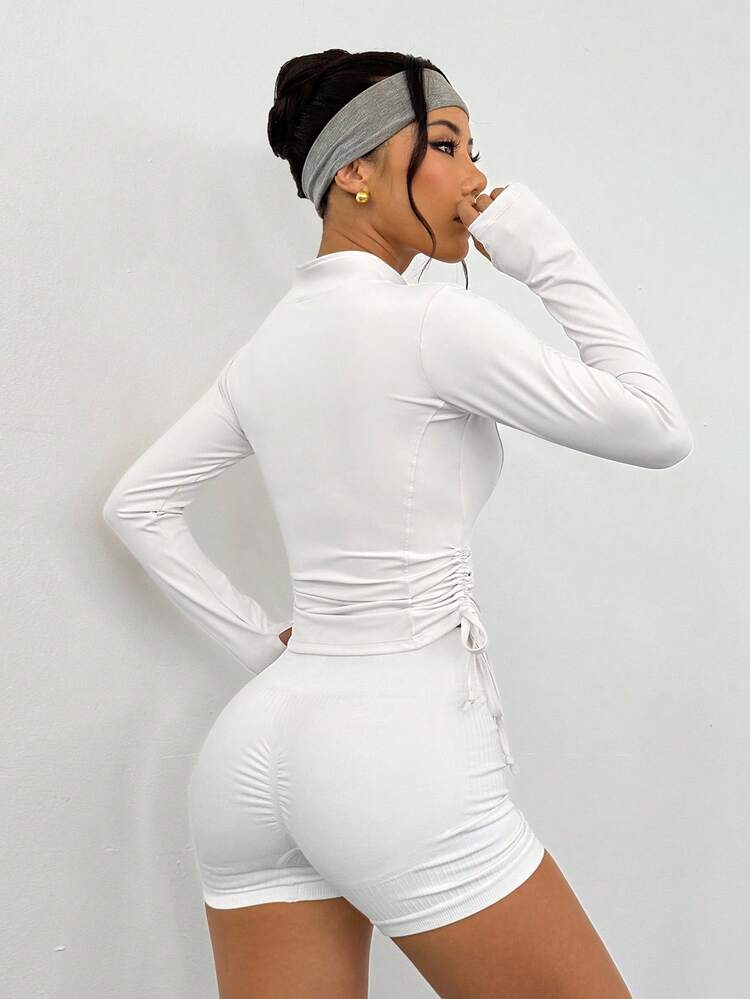 White Fitted Cinched Waist High Neck Sports Jacket For Women, Suitable For Fitness, Easter Holiday, Spring & Summer