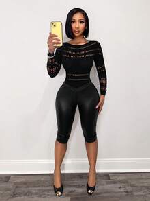 SHEIN BamGlam Women's Sexy Hollow-Out Mesh Sheer Bodysuit - Black - View 5