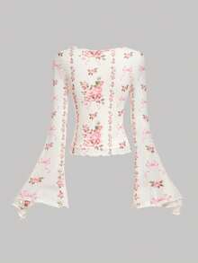 SHEIN MOD Women's Elegant Floral Print Tie Front Flare Sleeve T-Shirt,Summer,Vacation Outfits, Retro, Vintage,Country Outfits,  Going Out,Teacher Outfits For Women,Date, Picnic, Party, Prom, Festival,Birthday Wear, Cottagecore T-Shirt,Tea Party T-Shirt,French StyleT-Shirt,Floral Print T-Shirt,Spring Break Outfits,Music Festival Outfits, - Multicolor - View 4