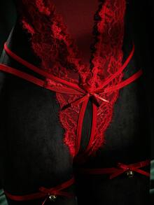 SpicyHot 4pcs/Set Romantic Lace Crotchless Sexy Lingerie Set - Red - View 9