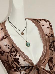 SHEIN ICON Asymmetrical Hem Flare Sleeve Retro Flocked Mesh Sheer Cardigan For Women - Brown - View 8