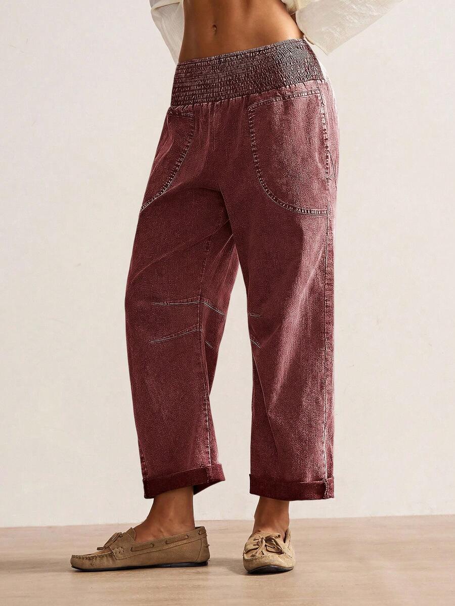 Bohemela Quần nữ dáng rộng cạp thấp màu trơn phong cách Boho mùa Thu/Đông. - Màu Đỏ Sâu - Xem 1