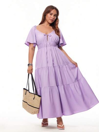Solavibe Plus Size Women Solid Color Twist Design Elegant Waist Cinched Party Dress, Summer Outfits, Summer Clothes, Spring Outfit Women ,Spring Dress Women , Beach Vacation Outfits For Women, Going Out Outfits ,Birthday Dress, Holiday Outfits, Purple Dress ,Casual Dresses For Women, ,Elegant Dresses For Party