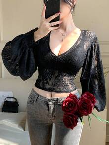 DAZY Women's Elegant Lace V-Neck Blouse, Spring/Summer Long Sleeve Tops Women - Black - View 8