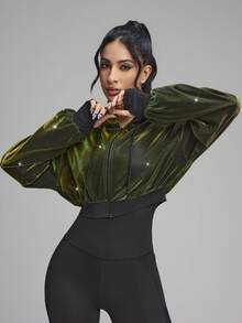 Innovista Women's Drop Shoulder Long Sleeve Zip Front Hooded Sports Jacket - Green - View 3