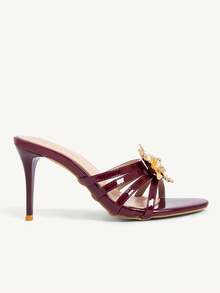 CUCCOO CHICEST 酒红色细高跟凉鞋，饰有金色金属质感3D立体花卉图案，性感露趾 - 酒紅色 - 查看 9