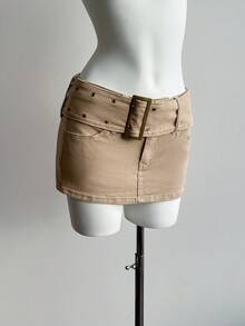 Elamini Jupe mini en jean moulante avec ceinture à œillets et boucle, style décontracté, quotidien et de rue. Couleur unie minimaliste, pour l'été - Kaki - Voir 2