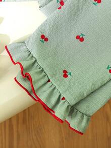 Genkimix Kids 女童睡衣套装，舒适时尚的樱桃印花荷叶边下摆，优雅短袖上衣和长裤两件套家居服 - 彩色 - 查看 4