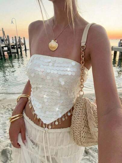 Aloruh Women's Sexy Sequin Decor Lace-Up Backless Tube Top, Summer