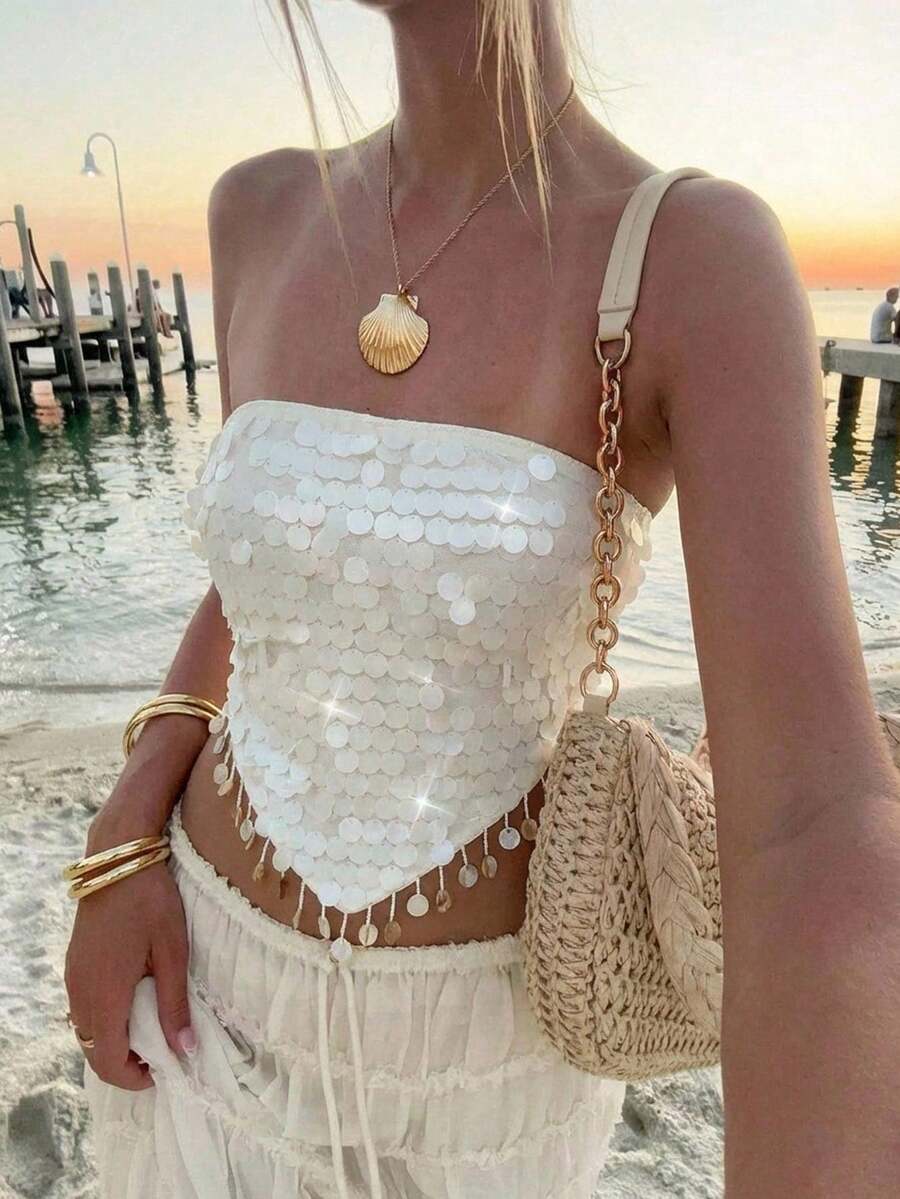 Aloruh 女式性感亮片装饰系带露背抹胸，夏季 - 杏色 - 查看 1