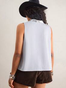 Freevana Áo croptop không tay cổ chữ V sâu, buộc dây, màu xám satin đính sequin, cỡ lớn, gợi cảm, ôm sát, thích hợp cho tiệc tùng, lễ hội âm nhạc mùa hè. - Bạc - Xem 2