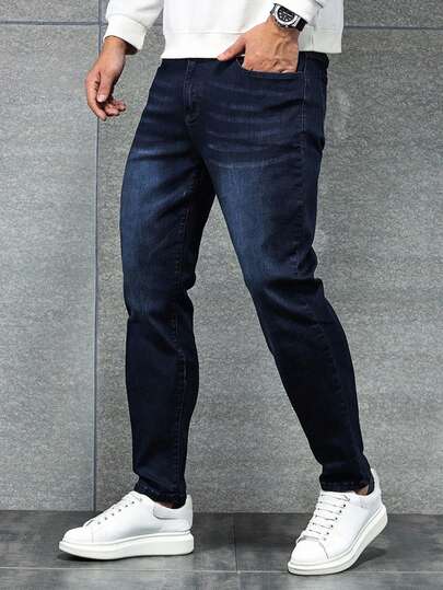 Manfinity LEGND Men's Plus Size Classic Dark Blue Slim Fit Retro Casual Versatile  Stretchy Denim Jeans Modify Slender Legs