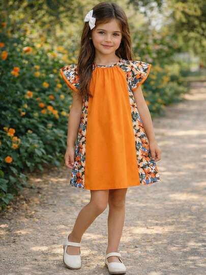 Emery Rose Kids Emery Rose Kids Vestido casual de niña con cuello redondo tejido, unicolor, parches y estampado floral