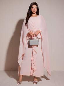 Viva Relle Plus Size Women's Baby Pink Chiffon Cape Dress,Elegant Flowing Long Ruffle Dress For Summer Wedding Ninang - Pink - View 7