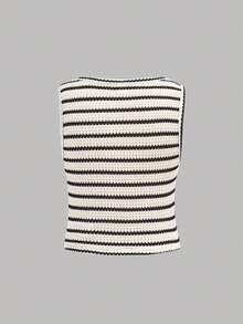 SHEIN Bộ đồ 2 món cho bé gái tuổi teen: áo tank top và quần short kẻ sọc đen trắng, trang phục thường ngày đa năng. - Đen và trắng - Xem 5