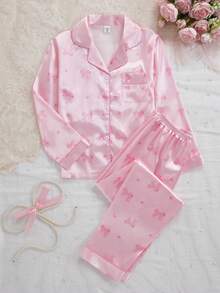 2件套女童可爱蝴蝶结印花翻领开衫和休闲裤舒适睡衣套装 - 粉色 - 查看 4