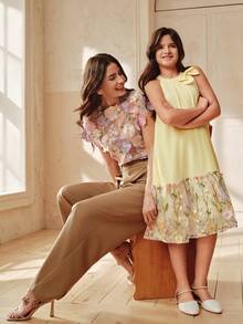 Anewsta Spring/Summer New Bowknot Chiffon Patchwork Floral Mesh Hem Girls Dress - Yellow - View 1